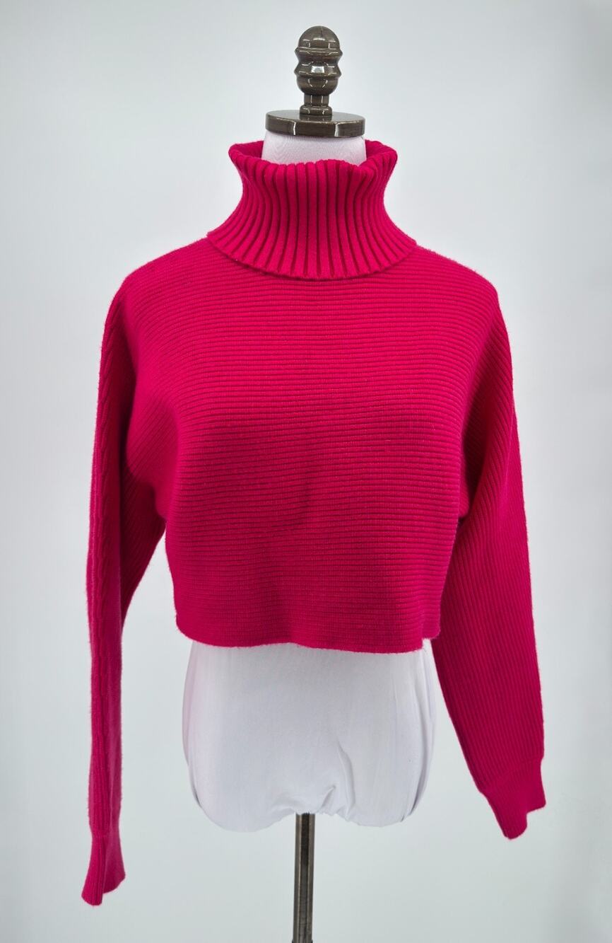 House of Harlow Bright Pink Ribbed Turtleneck Cropped Pullover Sweater Sz M